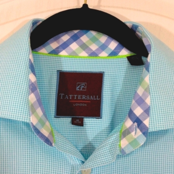 Tattersall London Men's Blue Mini Houndstooth Check Dress Shirt Spread Collar 16 - Picture 5 of 8